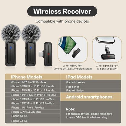 MAYBESTA Wireless Mini Microphone for iPhone, Android Phone - 2 Pack Lavalier Lapel Mic for Audio Video Recording - Clip on Content Creator Microphones for YouTube Tiktok Podcast Vlogging