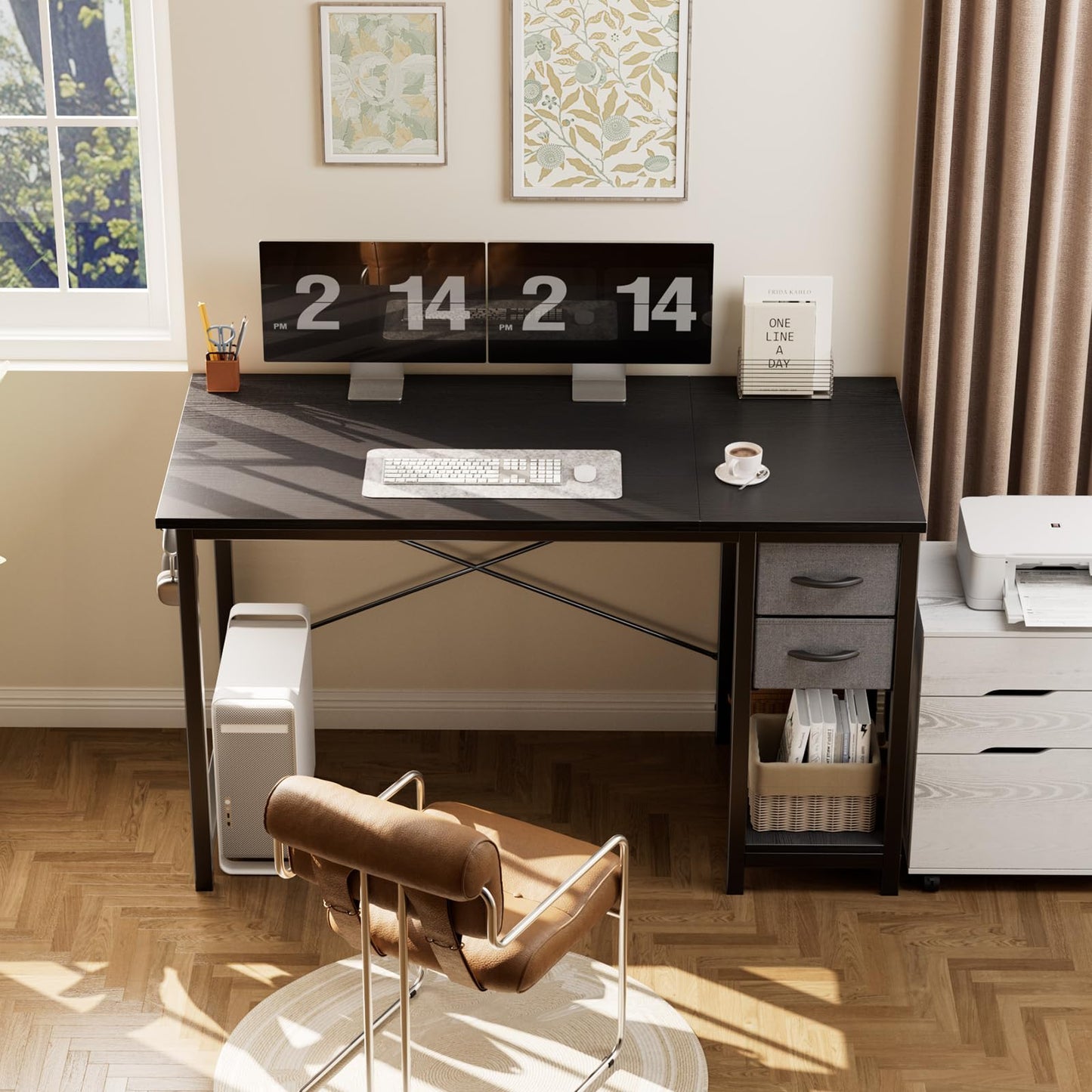 Sweetcrispy 47 Inch Computer Desk with Drawers for Home Office Writing Desk X Shaped Reinforcement Wood Surface Adjustable Position Modern Study Work Side Hook Metal Frame Storage Station Rust
