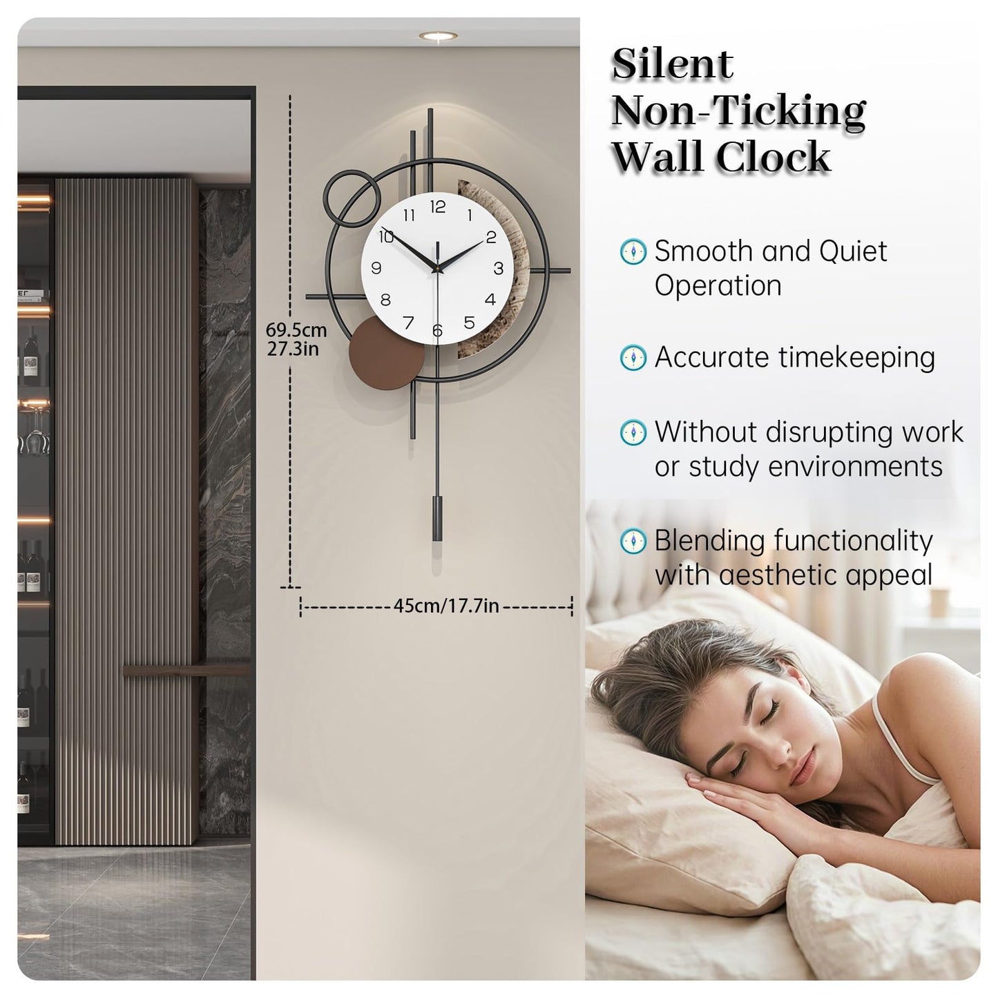 Wall Clock Decorative Large Modern Wall Clock Silent Non-Ticking Battery Operated Gold Unique Pendulum Clock for Living Room,Bedroom,Office,Kitchen,Bathroom,Wall Decor 13.8x21.9in