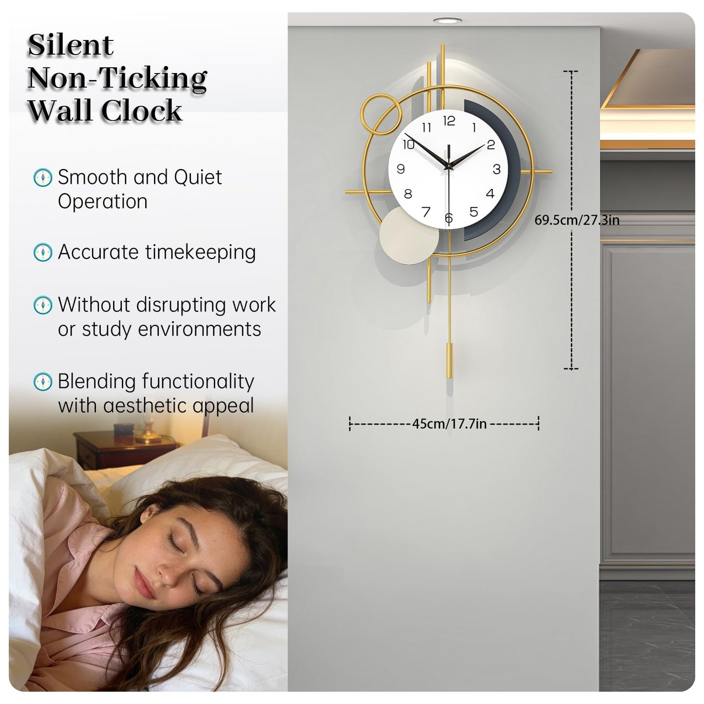 Wall Clock Decorative Large Modern Wall Clock Silent Non-Ticking Battery Operated Gold Unique Pendulum Clock for Living Room,Bedroom,Office,Kitchen,Bathroom,Wall Decor 13.8x21.9in
