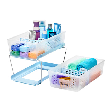 madesmart 2 Tier Bath Organizer, Undersink Storage with Sliding Drawers, for Cleaning Supplies, Pantry, Sponges, Bottles & Kitchen Essentials, Adjustable Dividers & Pull Out Sliding Baskets, Frost