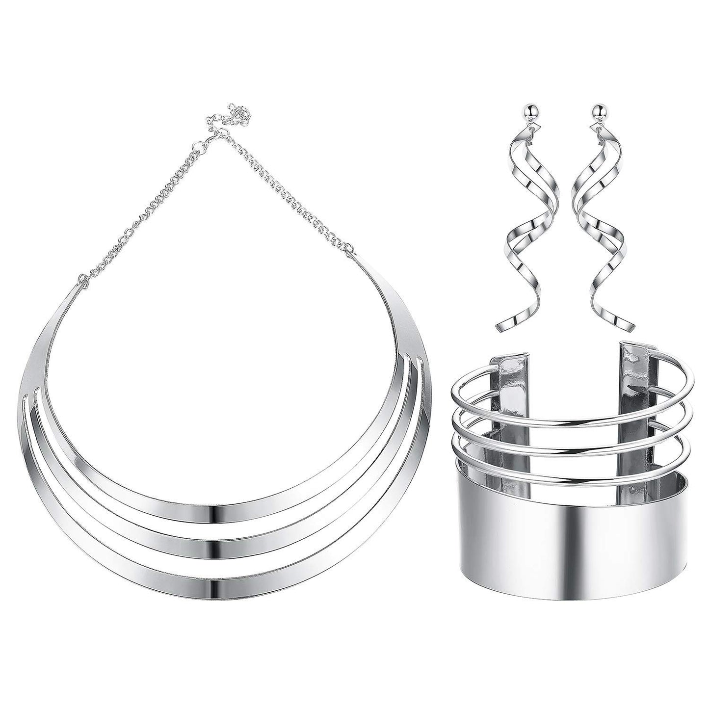 JOERICA Bib Choker Necklace Set for Women Wide Cuff Bangle Bracelets Long Statement Dangle Earrings African Costume Jewelry Set