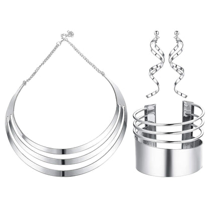 JOERICA Bib Choker Necklace Set for Women Wide Cuff Bangle Bracelets Long Statement Dangle Earrings African Costume Jewelry Set