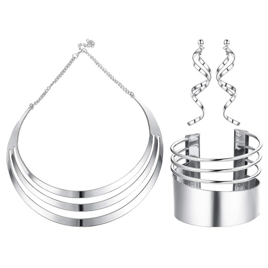 JOERICA Bib Choker Necklace Set for Women Wide Cuff Bangle Bracelets Long Statement Dangle Earrings African Costume Jewelry Set
