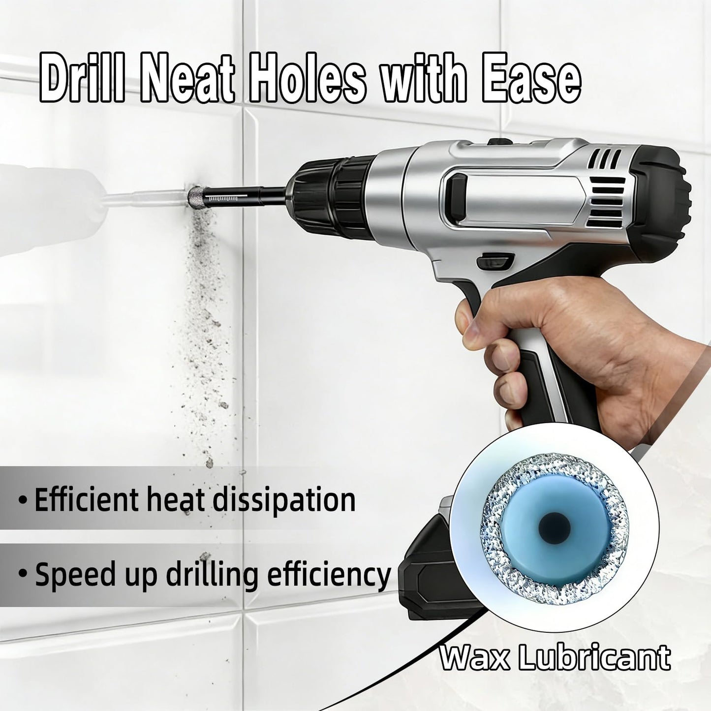 7 Piece Diamond Drill Bits Set, Core Drill Bits for Hard Materials - Tiles Ceramics Glass Stones – Built in Coolant, Fast Dry Drilling - Sizes 3/16" 1/4" 5/16" 3/8" 1/2" - Round Shank, Storage Case