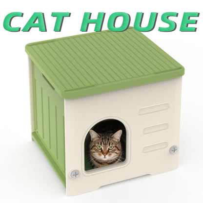 Plastic Cat House for Outdoor Indoor Use, Stackable Feral Cat Shelter Indoor Cat House Weatherproof Waterproof Elevated (Green)
