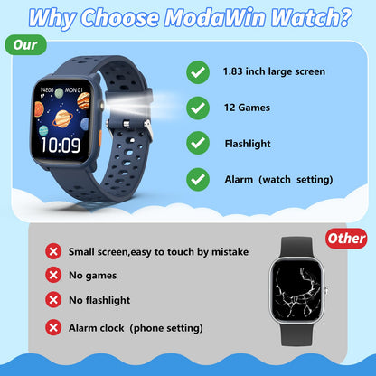 Smart Watch for Kids with 12 Puzzle Games, 1.83" Fitness Tracker Watch Heart Rate Sleep Monitor, Pedometer, Alarm Clock, Flashlight, Gift for 6-12 Year Old Boys Girls