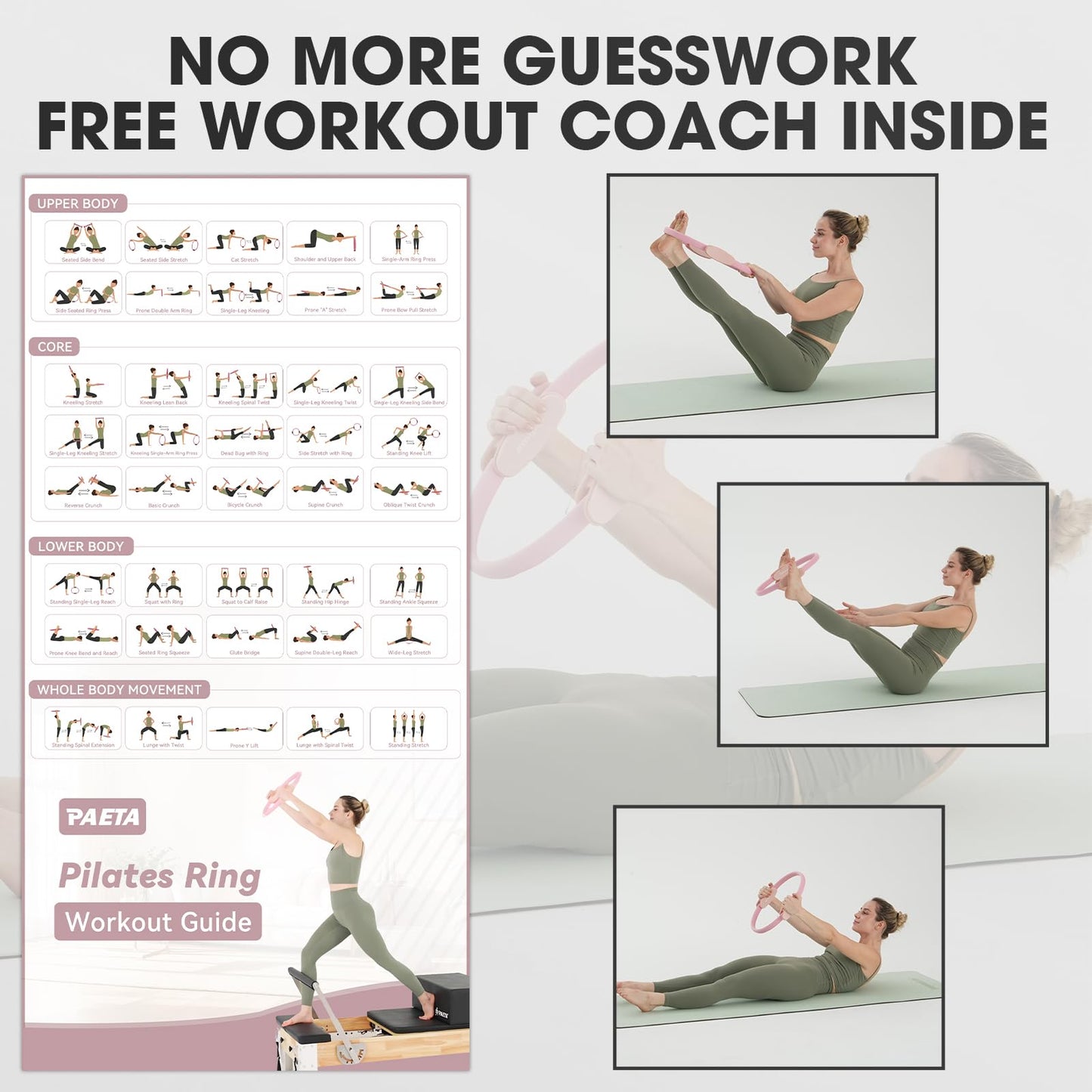 PAETA Pilates Ring Set – 14” Magic Circle (38 lbs Resistance), 9.8” Pilates Ball, 5 Resistance Bands, and Exercise Guide Included for Home Workouts