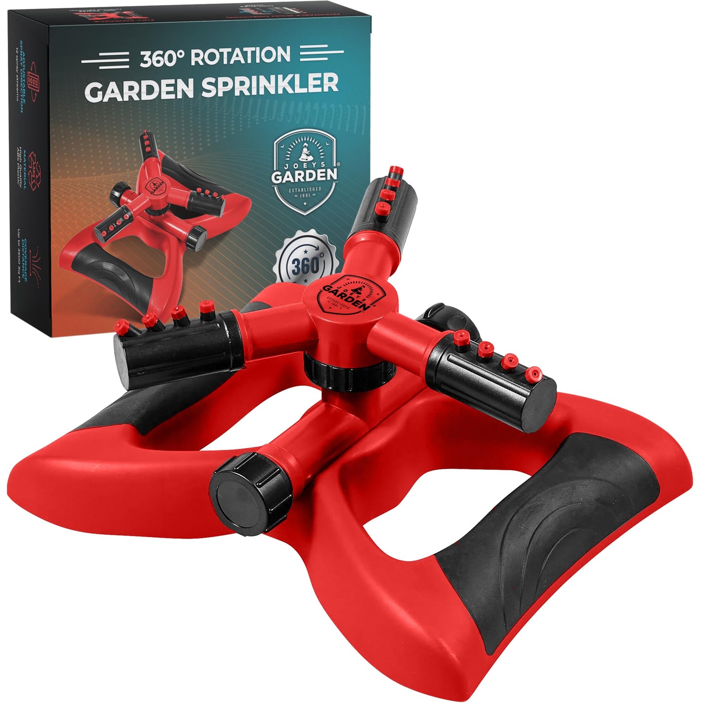 Joeys Sprinkler for Yard, Rotating Garden Sprinkler with 3 Adjustable Arms, Weighted Base, Expandable Connection, Lawn and Yard Sprinklers (Green)