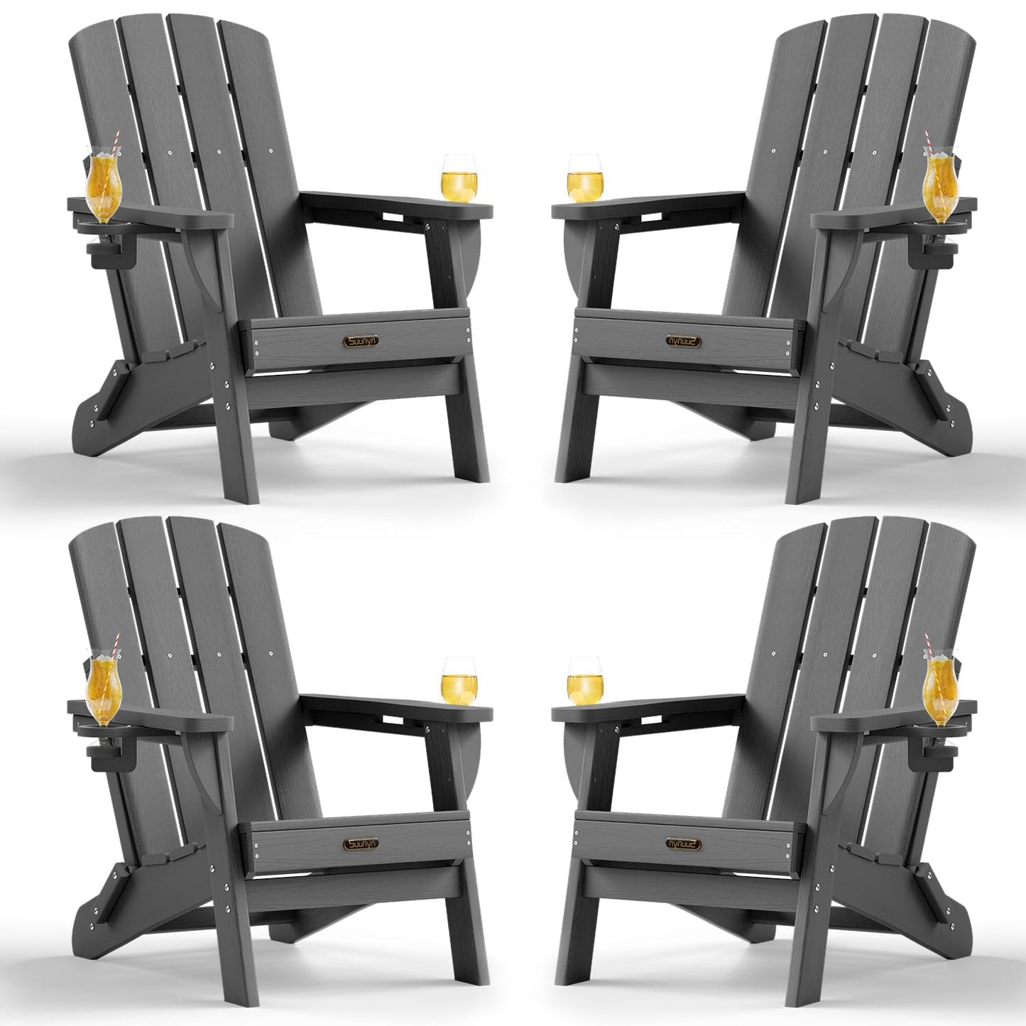 Folding Adirondack Chair, HDPE Adirondack Chairs with 2 Cup Holder, Plastic All-Weather Fire Pit Chairs, Outdoor Lawn Chair for Patio Garden (Grey)