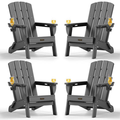 Folding Adirondack Chair, HDPE Adirondack Chairs with 2 Cup Holder, Plastic All-Weather Fire Pit Chairs, Outdoor Lawn Chair for Patio Garden (Grey)