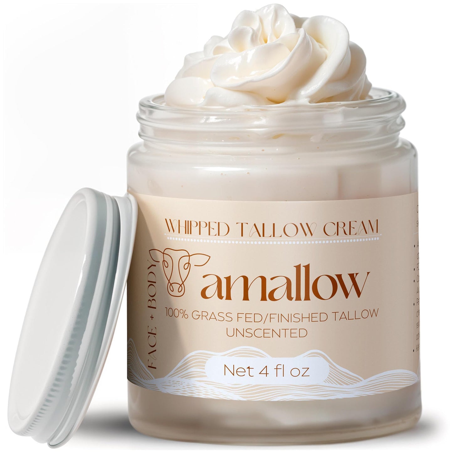 Amallow 100% Grass Fed Beef Tallow for Skin Care - Face + Body - Whipped Moisturizer for Sensitive Skin - Natural Lotion, 4 FL. oz. (Unscented + Jojoba Oil)