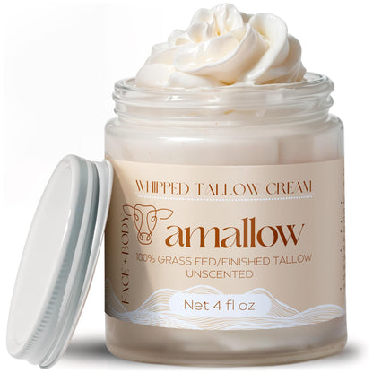 Amallow 100% Grass Fed Beef Tallow for Skin Care - Face + Body - Whipped Moisturizer for Sensitive Skin - Natural Lotion, 4 FL. oz. (Unscented + Jojoba Oil)