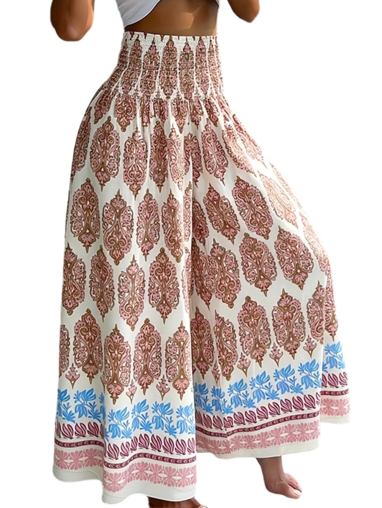 CHICME Boho Floral Shirred High Waisted Wide Leg Pants Flowy Palazzo Pants Summer Beach Vacation Wear