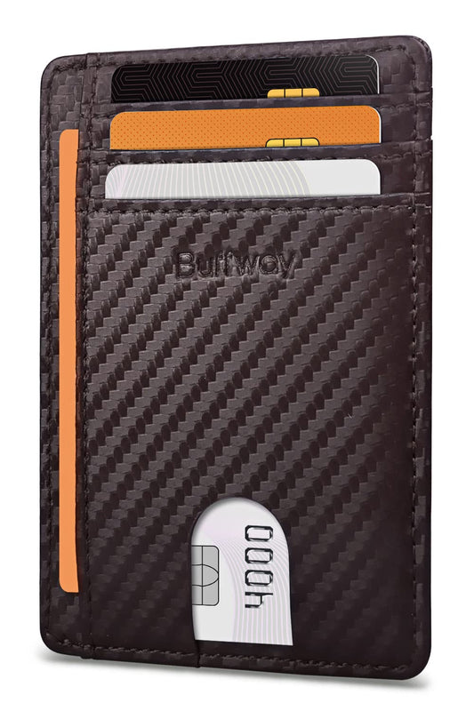 Buffway Slim Minimalist Front Pocket RFID Blocking Leather Wallets for Men and Women - Carbon Fiber Black