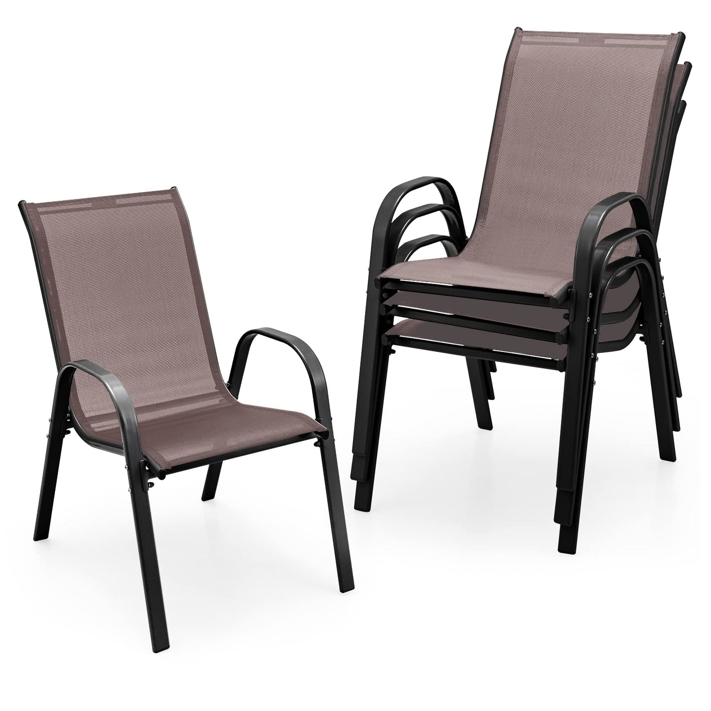 Tangkula Patio Dining Chairs Set of 4, Outdoor Stackable All Weather Heavy Duty Dining Chairs Set with Armrests, Support 330 LBS, for Poolside, Backyard, Garden, Deck, Front Porch (Brown)