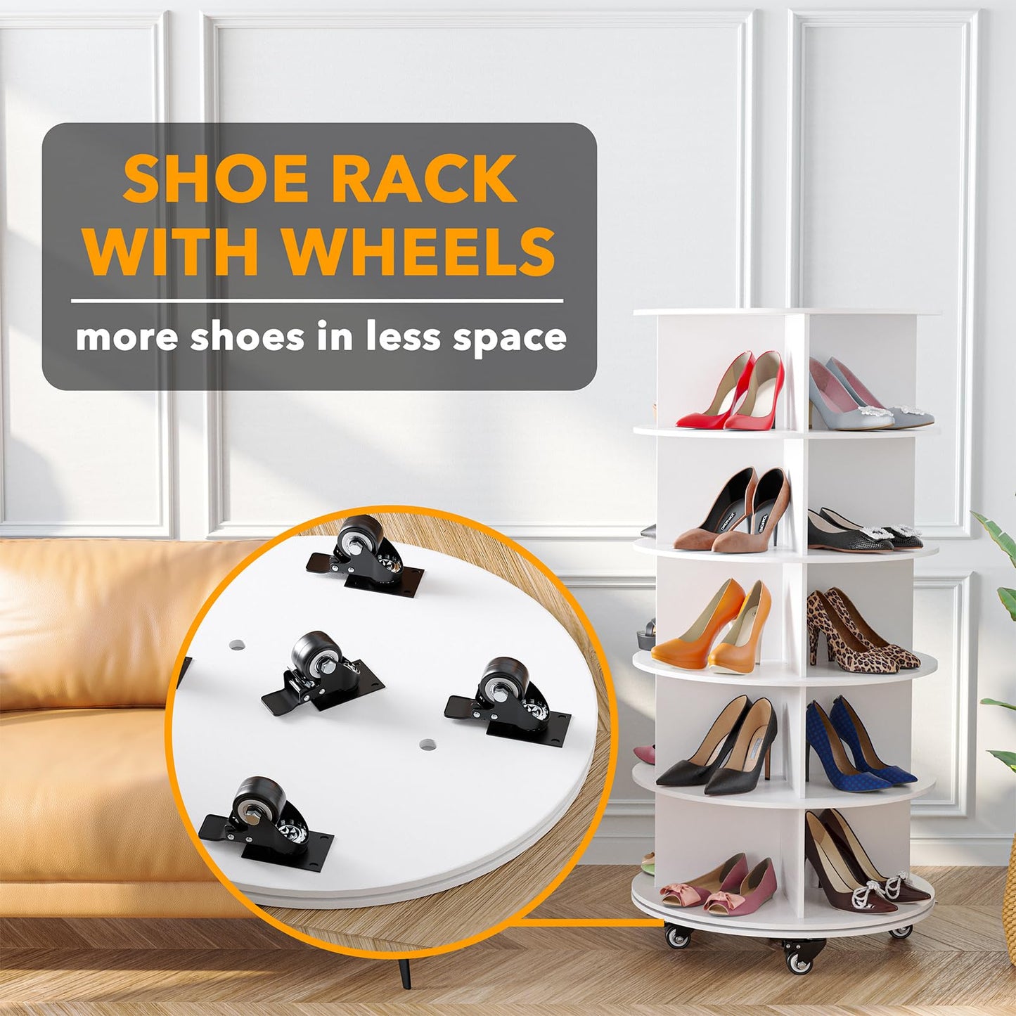 SpaceAid Spinning Shoe Rack with Wheels, 7 Tier Rotating Organizer Shoe Tower Lazy Susan with Thick Bottom, 360 Display Revolving Storage Shelf, Round Circular Rotate Organization, White