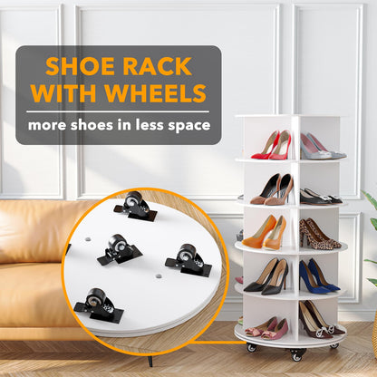 SpaceAid Spinning Shoe Rack with Wheels, 7 Tier Rotating Organizer Shoe Tower Lazy Susan with Thick Bottom, 360 Display Revolving Storage Shelf, Round Circular Rotate Organization, White