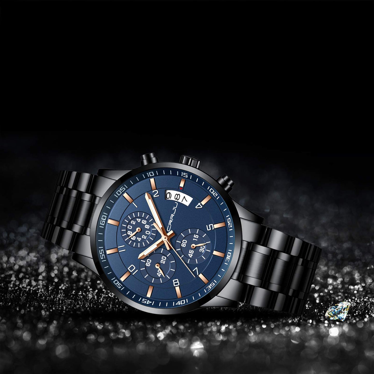 CRRJU Men's Fashion Stainless Steel Watches Date Waterproof Chronograph Wristwatches,Black Steel Band Waterproof Quartz Watch for Men