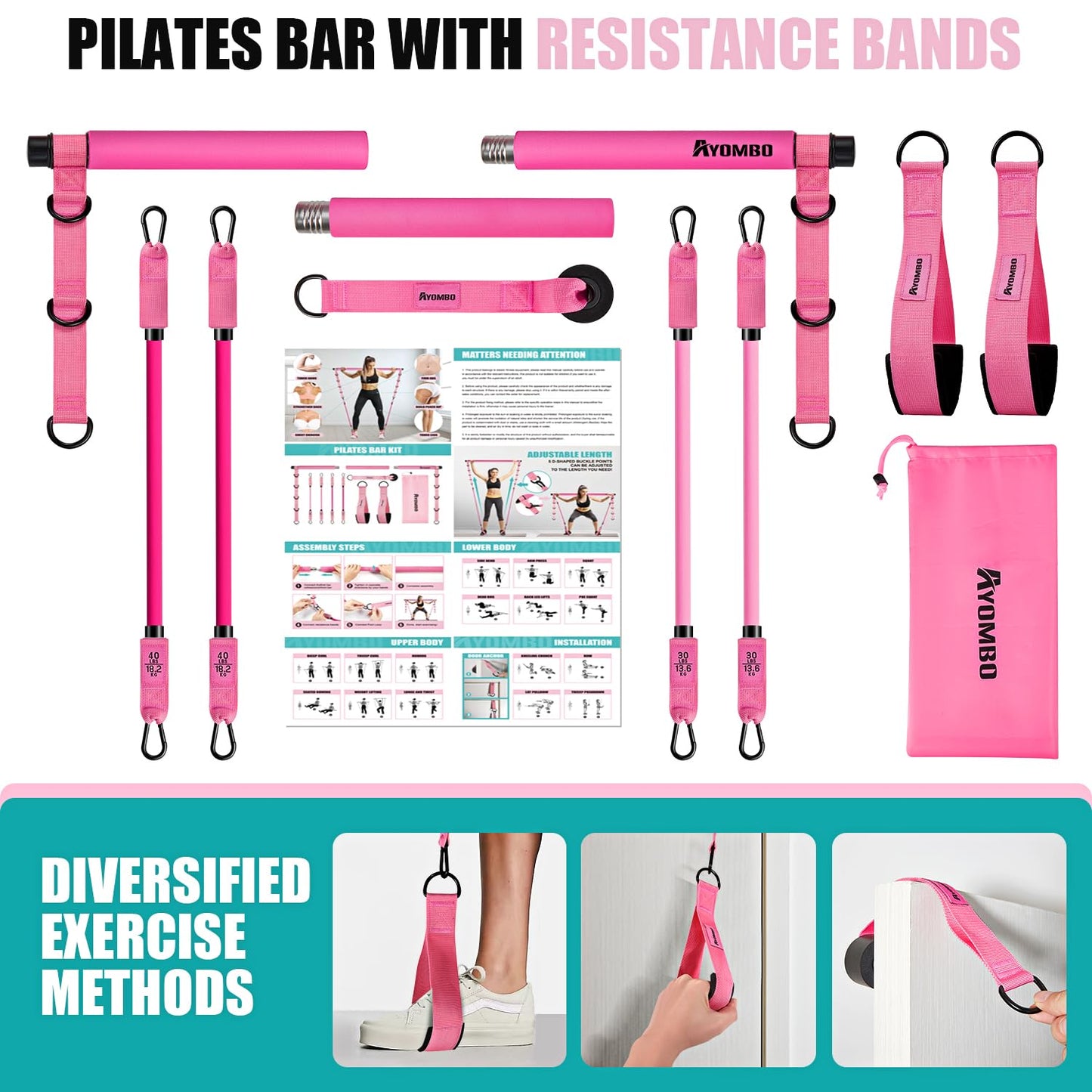 Ayombo Pilates Bar Kit with Resistance Bands, Pilates Workout Equipment for Legs, Hip, Waist, Arm, Squats Exercise Equipment for Home Workouts, Adjustable 3-Section Pilates Bar Kit for Women & Men