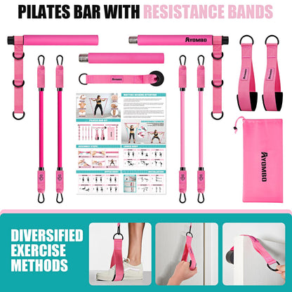 Ayombo Pilates Bar Kit with Resistance Bands, Pilates Workout Equipment for Legs, Hip, Waist, Arm, Squats Exercise Equipment for Home Workouts, Adjustable 3-Section Pilates Bar Kit for Women & Men