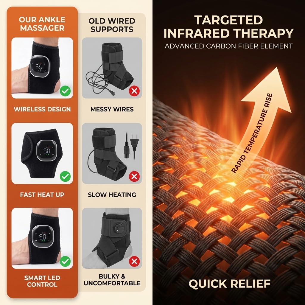 Red Light Cordless Ankle Massager with Heat & Vibration, for Foot & Ankle Pain Relief, 5 Heat Levels, 3 Massage Modes,Travel & Home Use (Charcoal Black-2 Pack)