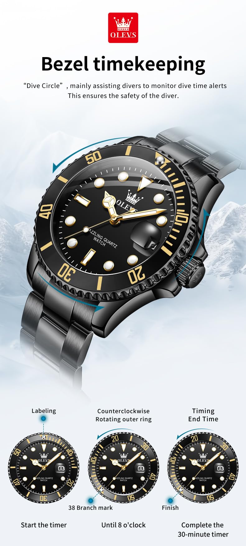 OLEVS Luxury Watches for Men Big Face Stainless Steel Business Dress Analog Quartz Watch with Day Waterproof Luminous Mens Wrist Watch