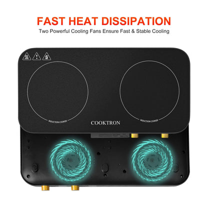 COOKTRON Double Induction Cooktop Burner with Fast Warm-Up Mode, 1800w 2 Burner with 10 Temperature 9 Power Settings, Portable Dual Induction Cooker Cooktop with Child Safety Lock & Time