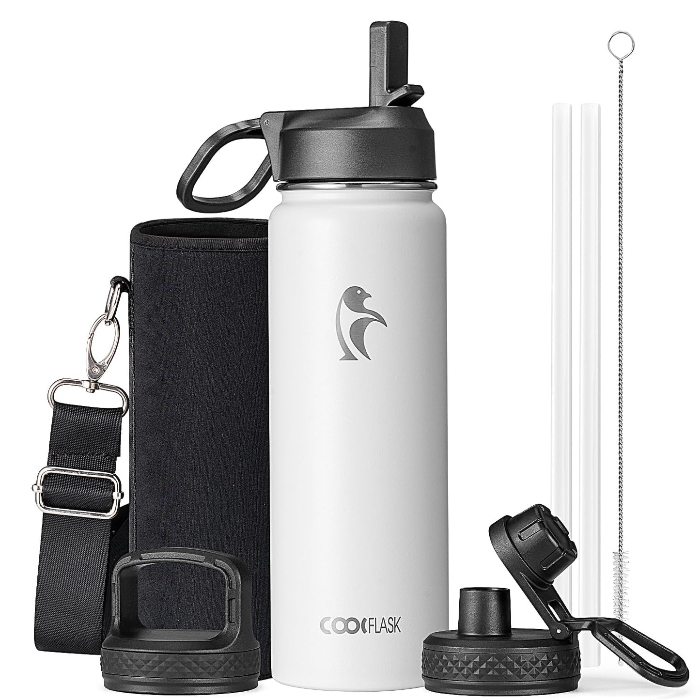 Half Gallon Water Bottle Insulated with Straw & 3 Lids, Coolflask 64 oz Water Jug Large Metal Stainless Steel Wide Mouth for Sports, Gym or Office, Non-BPA Keep Cold 48H Hot 24H, Samurai Cyan