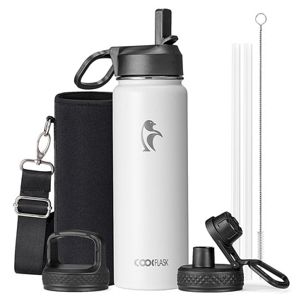 Half Gallon Water Bottle Insulated with Straw & 3 Lids, Coolflask 64 oz Water Jug Large Metal Stainless Steel Wide Mouth for Sports, Gym or Office, Non-BPA Keep Cold 48H Hot 24H, Samurai Cyan