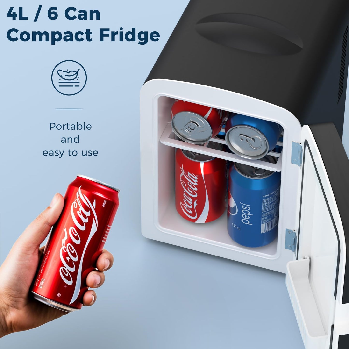 Antarctic Star Compact Refrigerator, Portable Mini Fridge, Skin Care 4L Capacity/6 Cans, for Bedroom, Car, Office & Dorm, Small Cooler for Cosmetics, Beverage and Food, Black