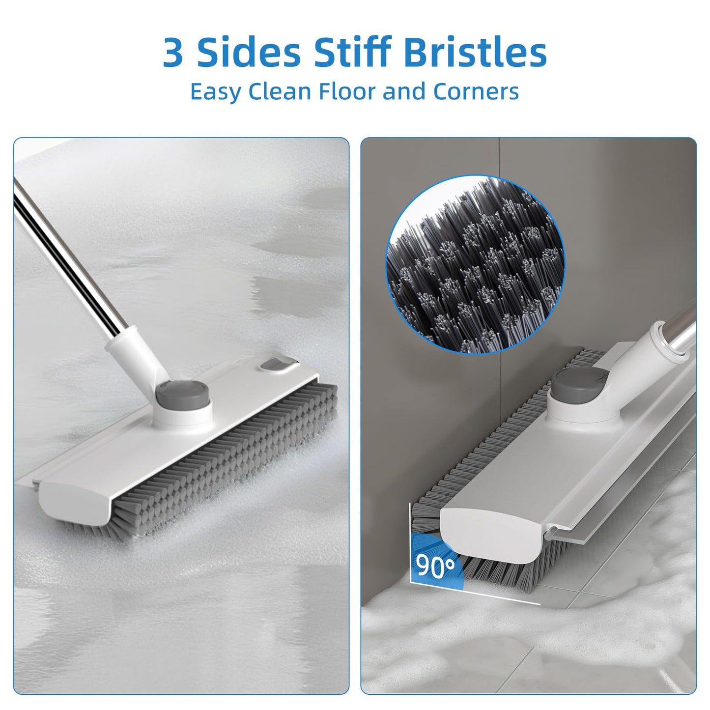 Scrub Brush with Long Handle, Floor Scrub Brush Squeegee Broom for Cleaning, 3 in 1 Shower Scrubber Floor Broom Squeegee for Concrete Tile Wall Deck Patio White