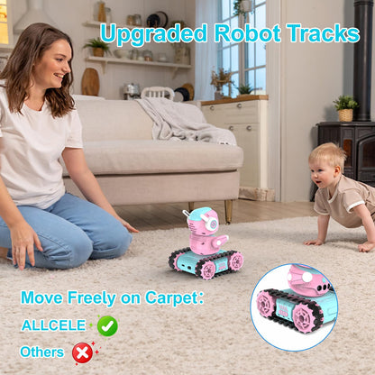 ALLCELE Girls Robot Toy, Rechargeable RC Robot for Kids, Remote Control Toy with Music and LED Eyes, Gift for Children Age 3 Years and Up - Pink