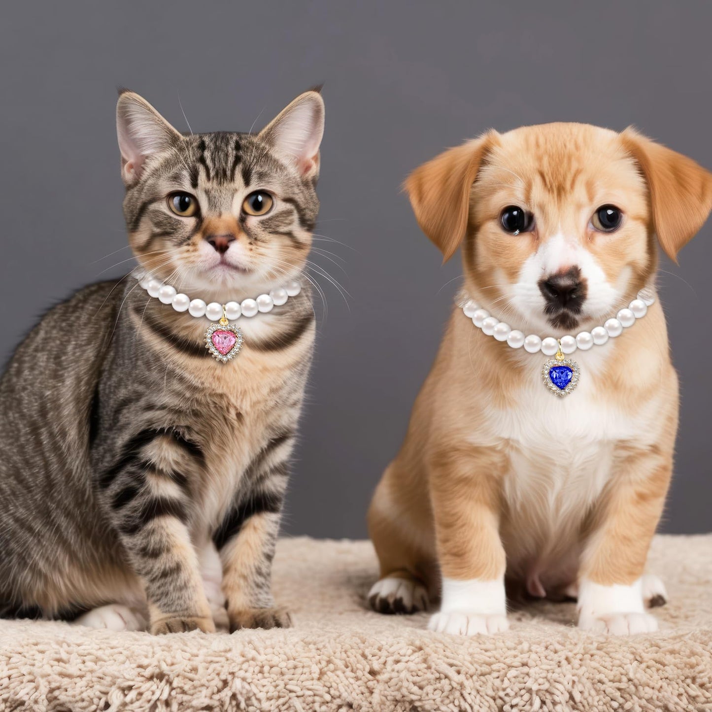 Tyqour 2pcs Cute Girl Cat Collar, Pearl Cat Dog Collar with Small Heart Shape Rhinestone for Small Dogs and Cats Adjustable Fancy Dog Pearl Necklace Collars, Pink Heart + White Heart