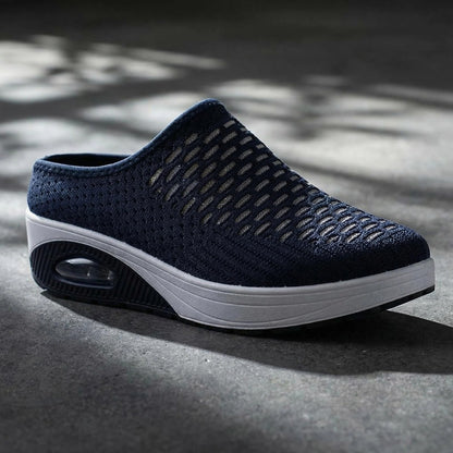 Women's Mesh Stretch Knitted Air Cushion Mule Clogs Fashion Comfortable Closed Round Toe Breathable Slip On Wedge Orthopedic Mules Sneaker for Summer Casual Beach Walking Slippers