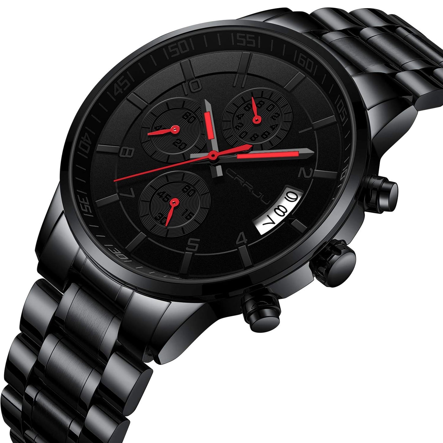 CRRJU Men's Fashion Stainless Steel Watches Date Waterproof Chronograph Wristwatches,Black Steel Band Waterproof Quartz Watch for Men