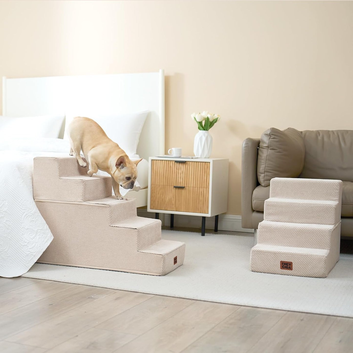EHEYCIGA Dog Stairs for Small Dogs 13.5" H, 3-Step Dog Steps for Couch Sofa and Chair, Pet Steps for Medium Cats, Non-Slip Balanced Pet Ramp Indoor, Grey