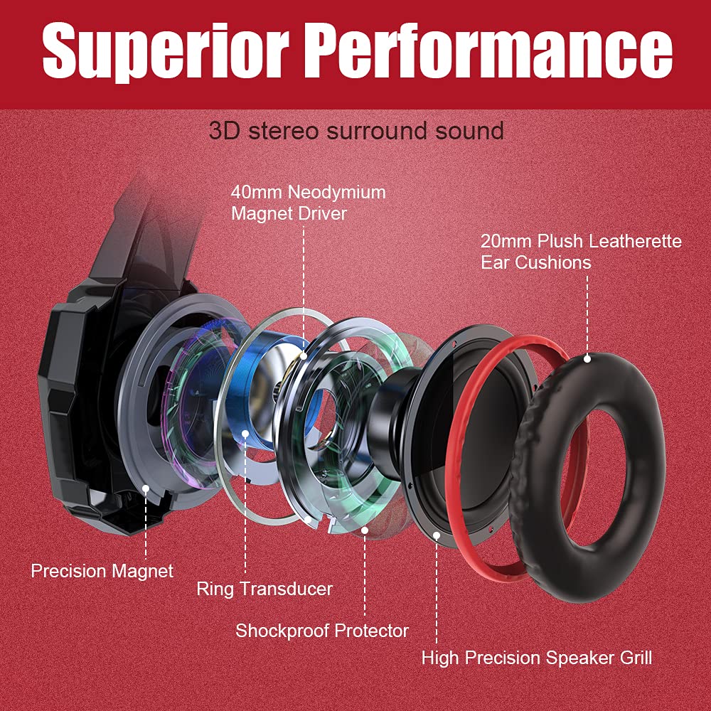 BENGOO G9000 Stereo Gaming Headset for PS4 PC Xbox One PS5 Controller, Noise Cancelling Over Ear Headphones with Mic, LED Light, 7.1 Surround Sound, Soft Memory Earmuffs for Nintendo Xbox Series X|S