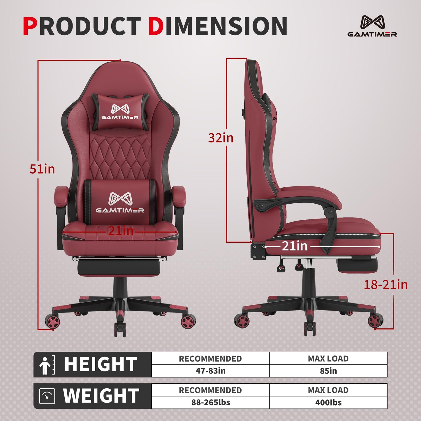 Gamtimer Gaming Chair with Footrest, Ergonomic Computer Chair, PU Breathable Material with Headrest and Lumbar Support, Suitable for Silla Gamer and Adults（Grey）