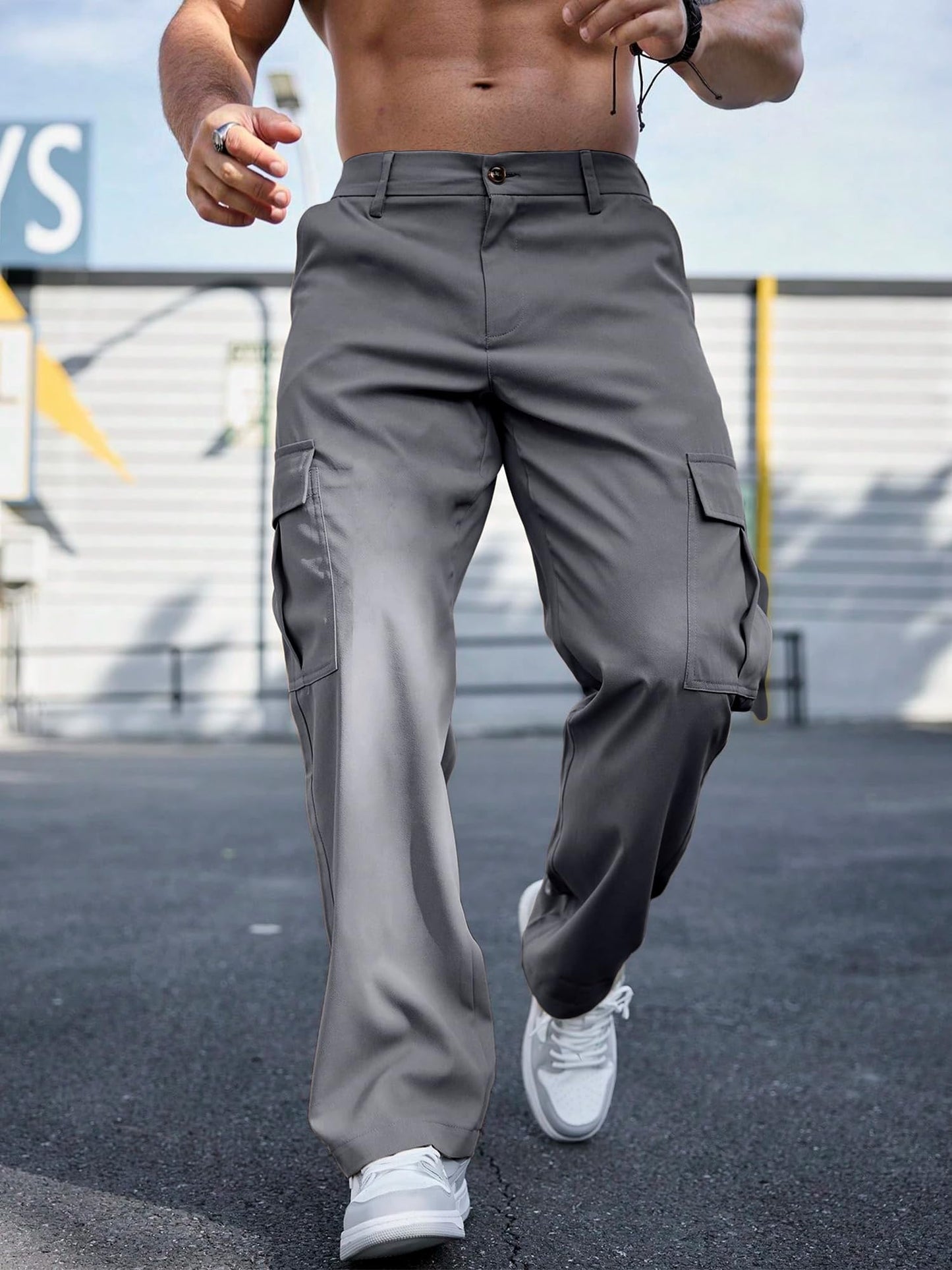 Comdecevis Mens Casual Cargo Pants Baggy Straight Leg Sweatpants with Large Flap Pockets Hiking Sports Trousers