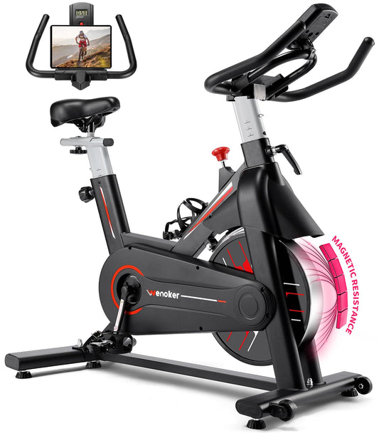 Wenoker Exercise Bike,Indoor Spin Bike with Adjustable Resistance Bluetooth Fitness App, 350 LBS Heavy Duty Frame,Smooth Quiet Belt Drive, Adjustable Handlebars & Seat with Transport Wheels