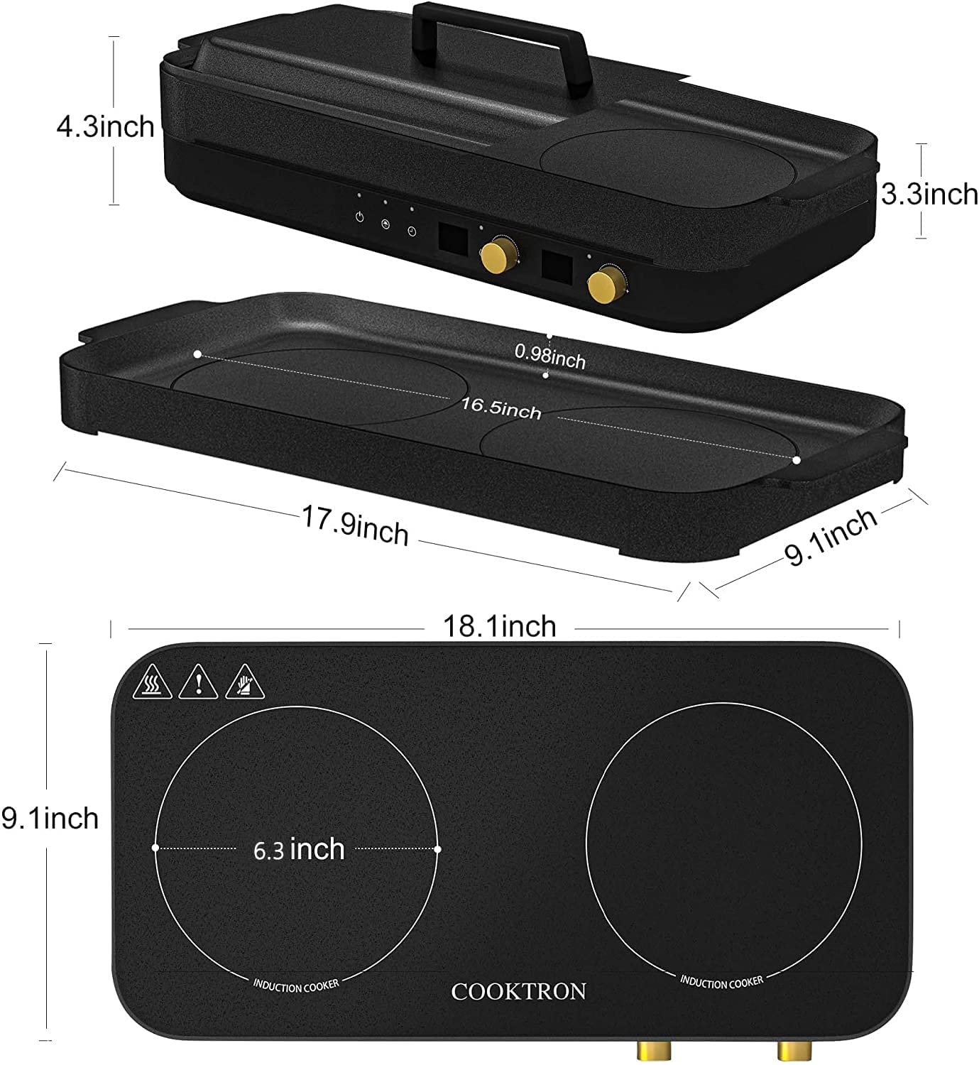 COOKTRON Double Induction Cooktop Burner with Fast Warm-Up Mode, 1800w 2 Burner with 10 Temperature 9 Power Settings, Portable Dual Induction Cooker Cooktop with Child Safety Lock & Time