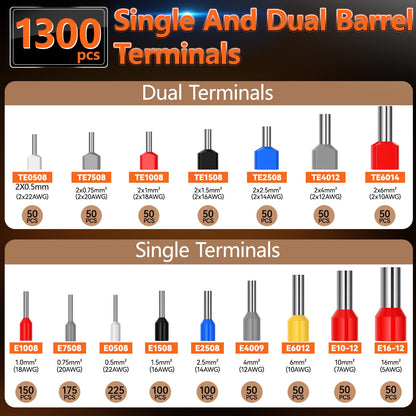 Preciva Ferrule Crimping Tool Kit - AWG 28-5 Hexagonal Ferrule Crimper with Automatic Wire Stripper and 1375Pcs Single/Twin Ferrule Connectors, Self-Adjustable Ratchet Ferrule Terminals Crimping Tool