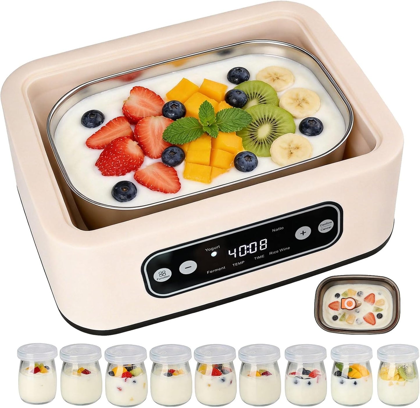 Yogurt Maker，with Timer and Temperature Control, Auto-Shutoff Feature, 1.6-Liter Stainless Steel Inner Pot + 9 Dishwasher-Safe Jars—Easily Make Fresh Probiotic Yogurt and Enjoy Natural Health