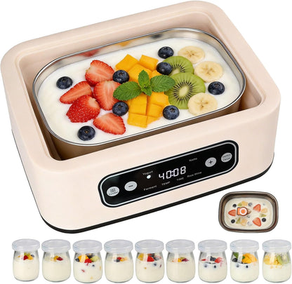 Yogurt Maker，with Timer and Temperature Control, Auto-Shutoff Feature, 1.6-Liter Stainless Steel Inner Pot + 9 Dishwasher-Safe Jars—Easily Make Fresh Probiotic Yogurt and Enjoy Natural Health