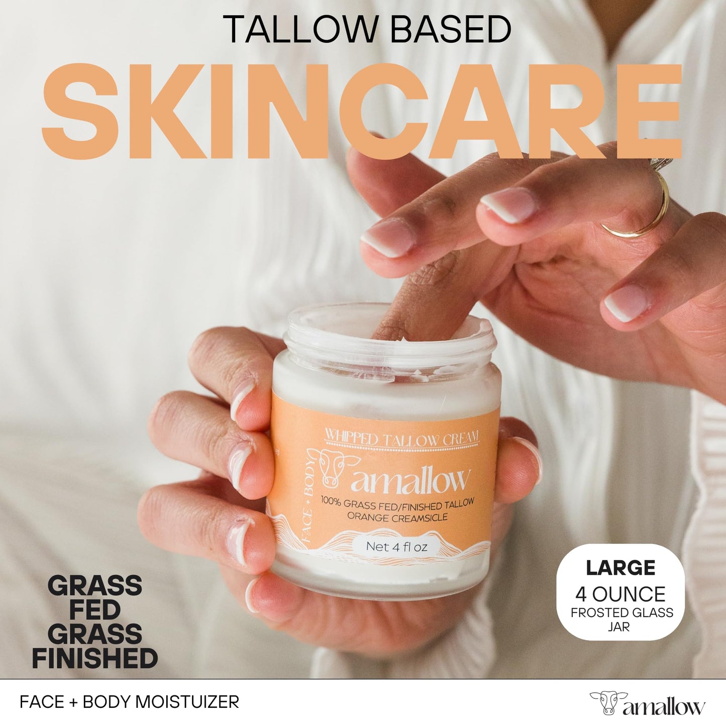 Amallow 100% Grass Fed Beef Tallow for Skin Care - Face + Body - Whipped Moisturizer for Sensitive Skin - Natural Lotion, 4 FL. oz. (Unscented + Jojoba Oil)