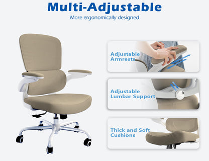 TRALT Ergonomic Office Chair - Desk Chair with Adjustable Lumbar Support Computer Chair - Mesh Comfy Chair with Flip-up Armrests - Gaming Chairs for Adults Home Office (Leather, White)