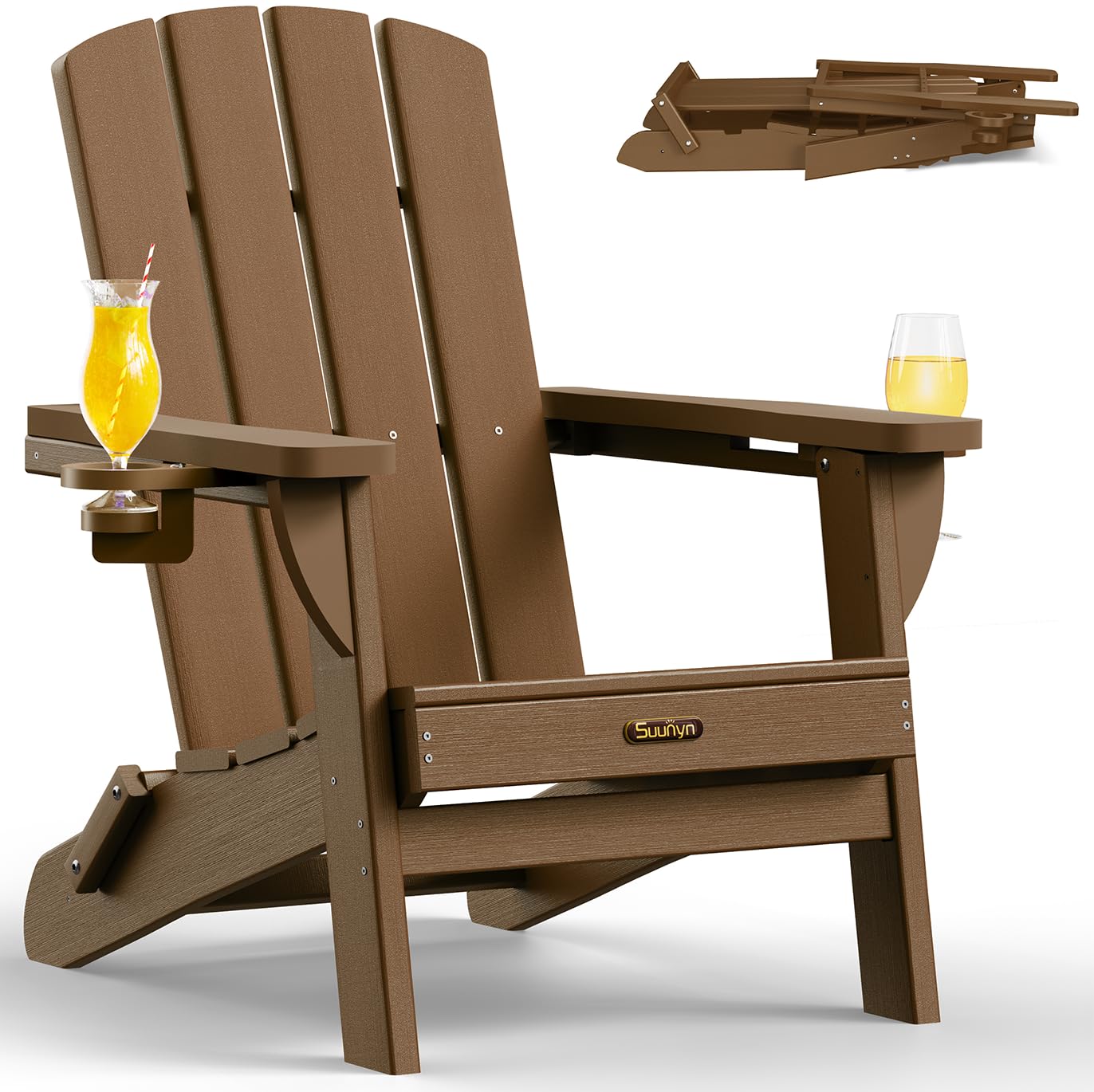 Folding Adirondack Chair, HDPE Adirondack Chairs with 2 Cup Holder, Plastic All-Weather Fire Pit Chairs, Outdoor Lawn Chair for Patio Garden (Grey)