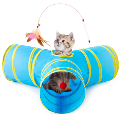 Tempcore Pet Cat Tunnel Tube Toys 3 Way Collapsible, Tunnels for Indoor Cats, Interactive Tube with Teaser Wand, Peek Holes & Hanging Ball, Black & Blue