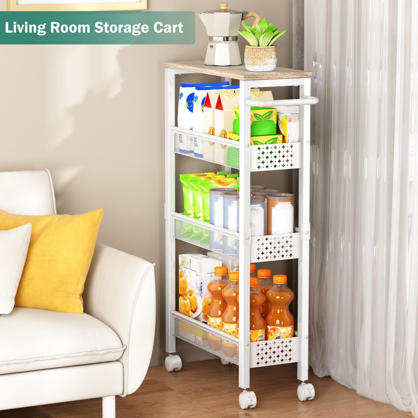 Vivihomety Utility Slim Storage Cart with Wheels, 4 Tier Small Rolling Cart with Wood Top, Metal Kitchen Bathroom Laundry Room Organization Trolley with Handle for Narrow Space – Black